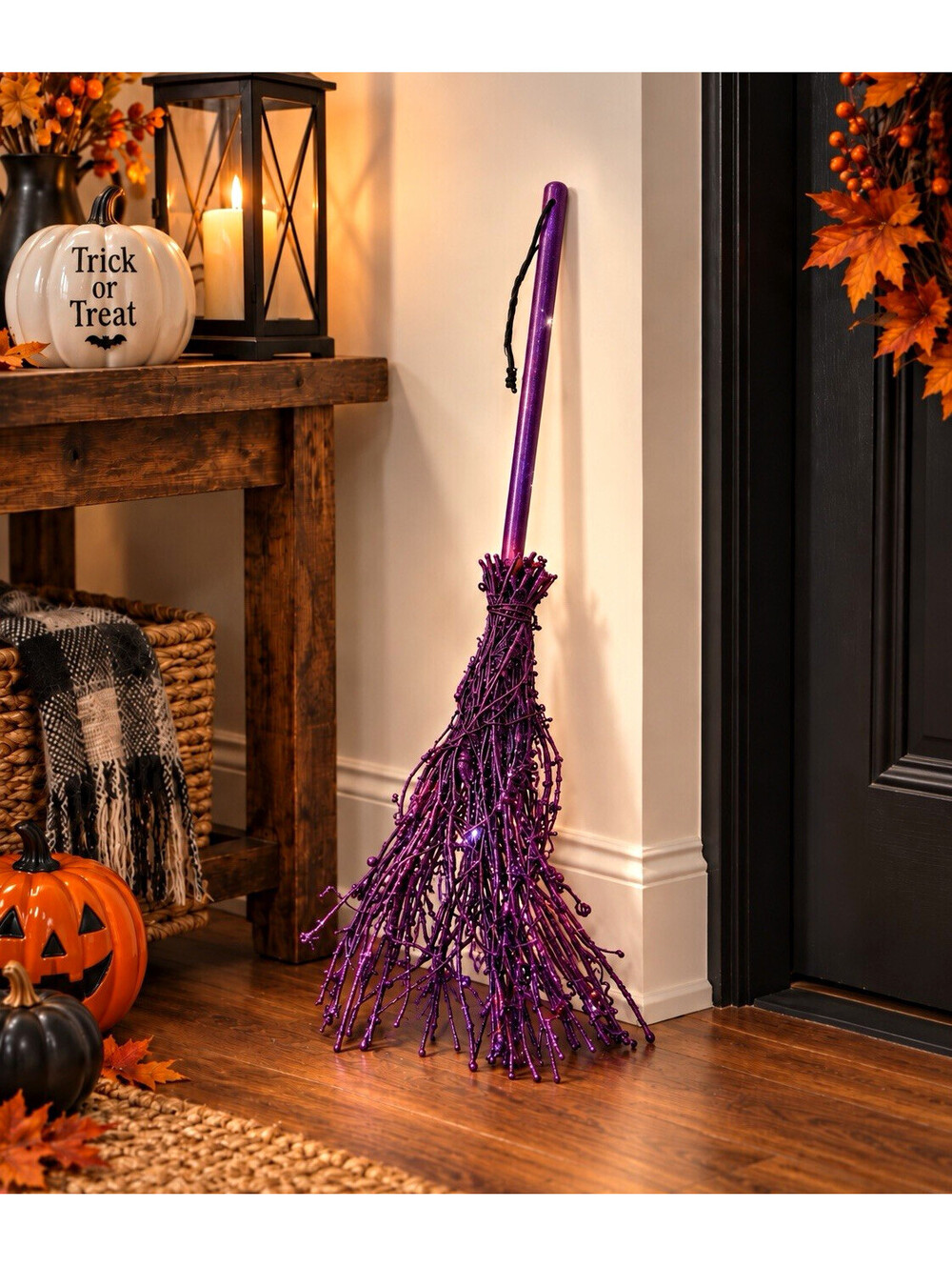 Purple Glitter Halloween Decorative Witch Broomstick Prop w/ Hanging Loop 25 in